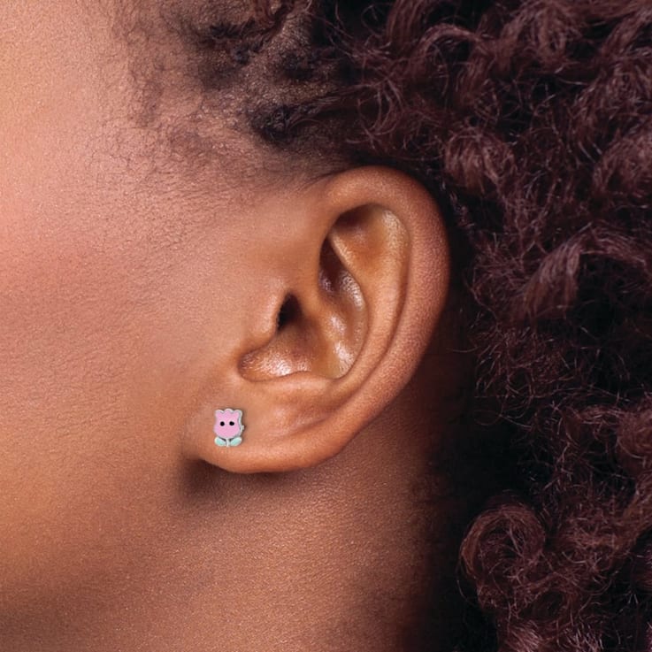 Rhodium Over Sterling Silver Enamel Tulip Children's Post Earrings