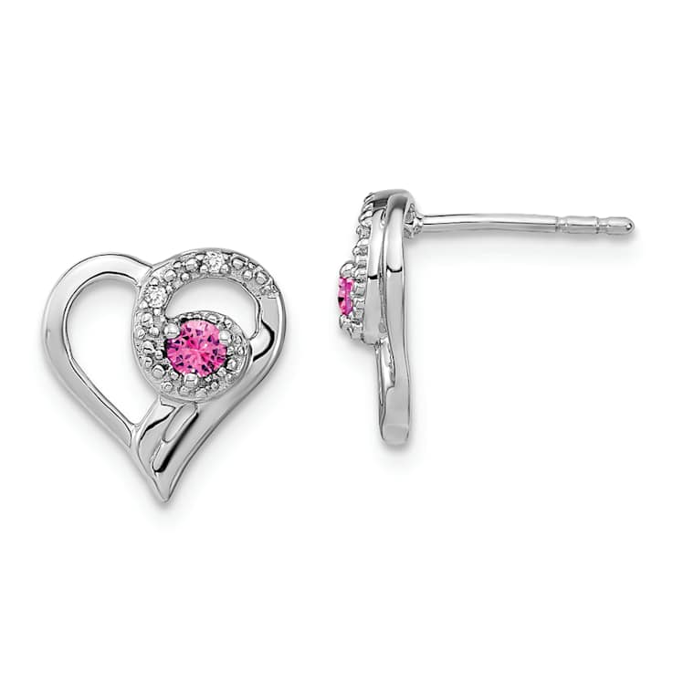 Rhodium Over 14K White Gold Pink Sapphire and Diamond Heart Earrings