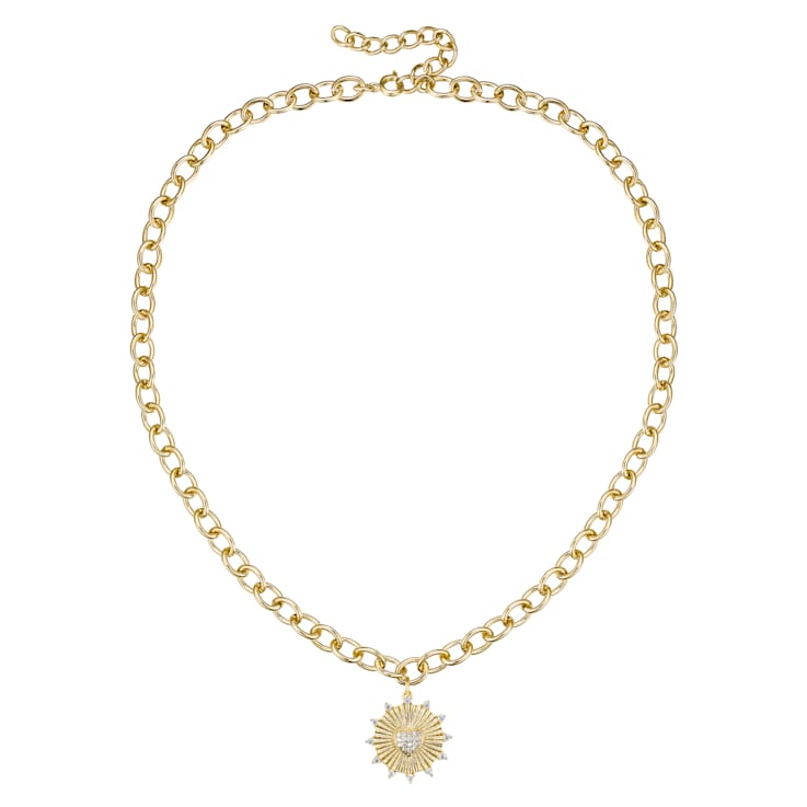 Vintage Shield CZ Pendant Curb Chain Necklace In 14K Gold Over Brass