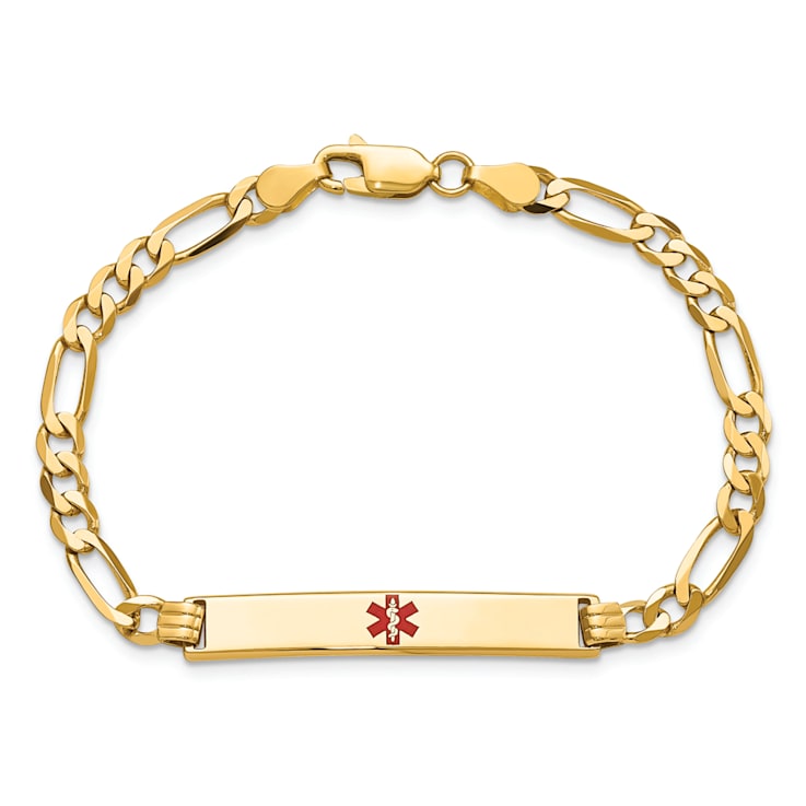 14k Yellow Gold Medical Red Enamel Flat Figaro Link ID Bracelet