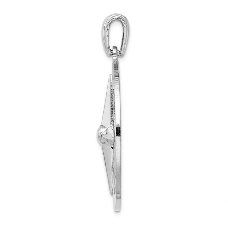 Rhodium Over Sterling Silver Polished Large Nautical Compass Pendant