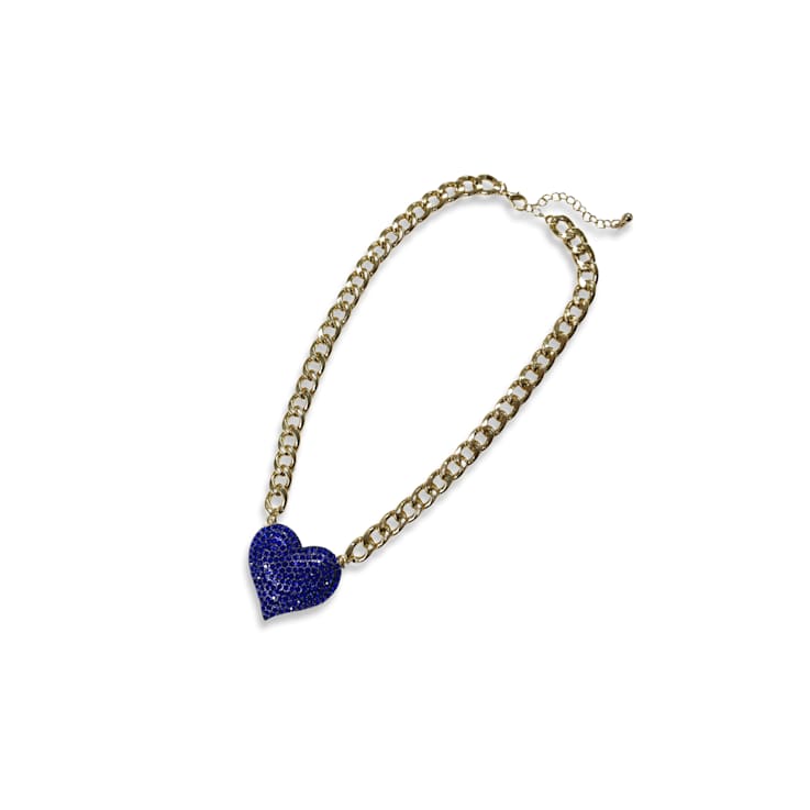 Blue Crystal Gold Tone Center Heart Pendant Necklace.