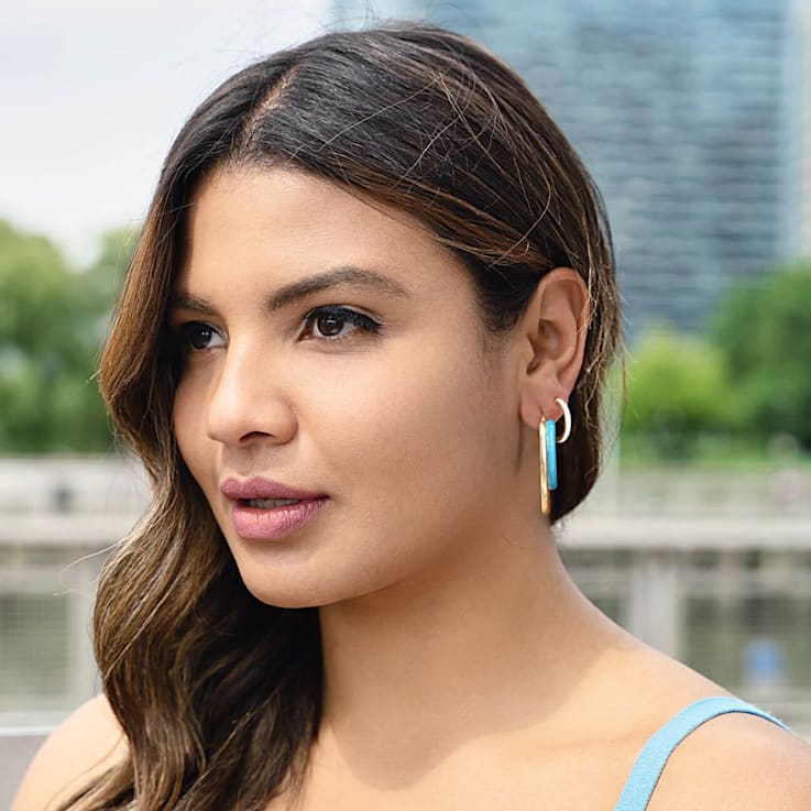 14K Gold Over Sterling Silver Double Oval Enamel Hoops in Turquoise Color