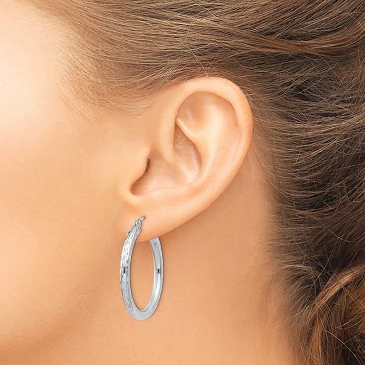 Rhodium Over Sterling Silver 3.00mm Diamond-cut Hoop Earrings