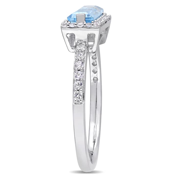 Sky Blue Topaz And White Sapphire East-West Halo Ring In Sterling Silver