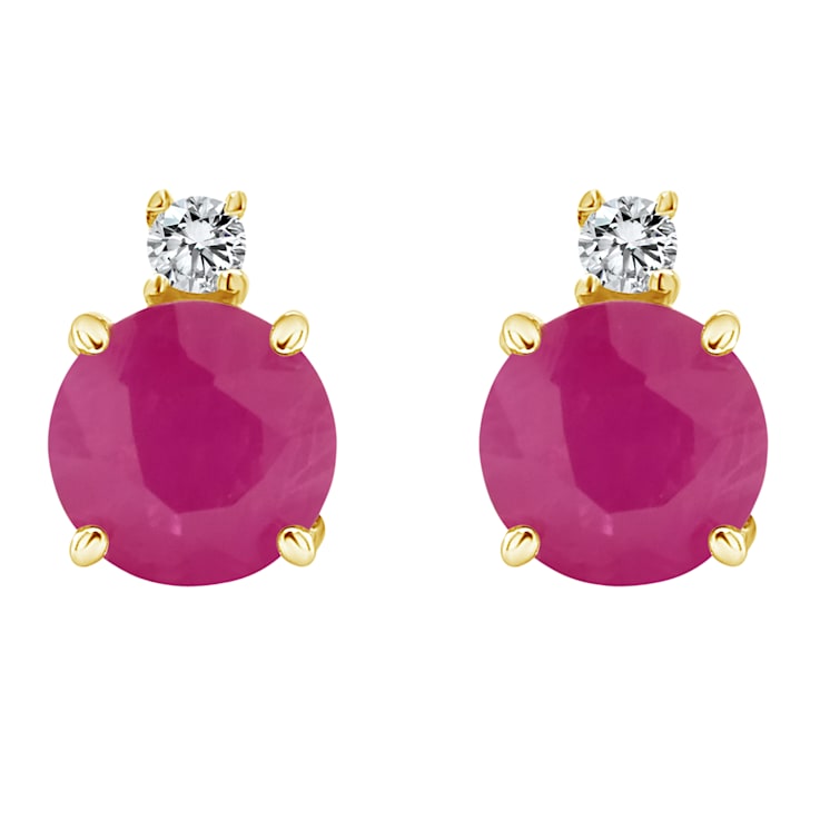 5mm Round Ruby with Diamond Accents 14k Yellow Gold Stud Earrings