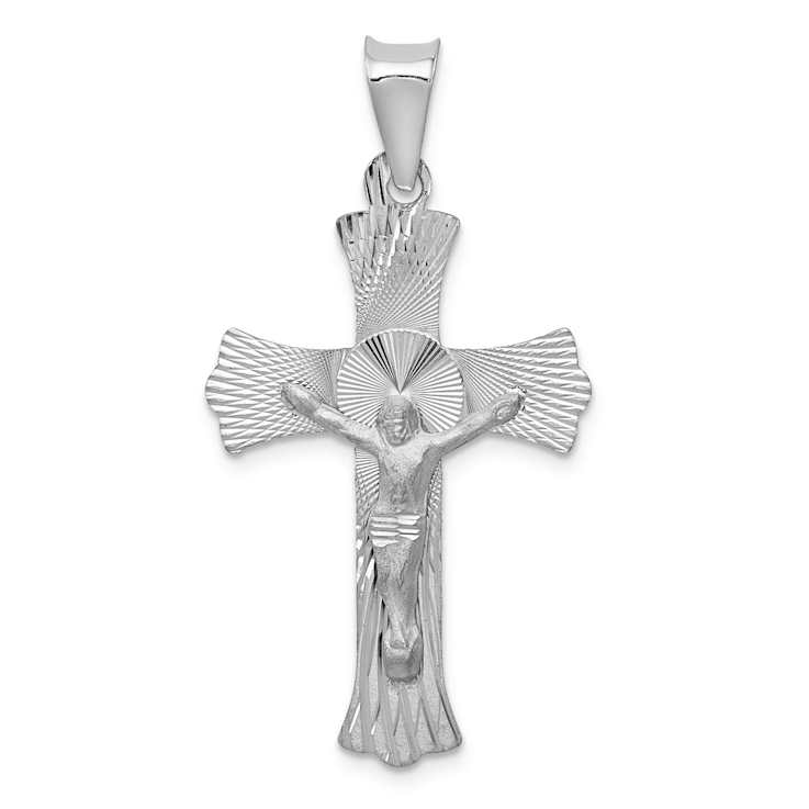 Rhodium Over 14k White Gold Satin, Textured and Diamond-Cut Crucifix Pendant