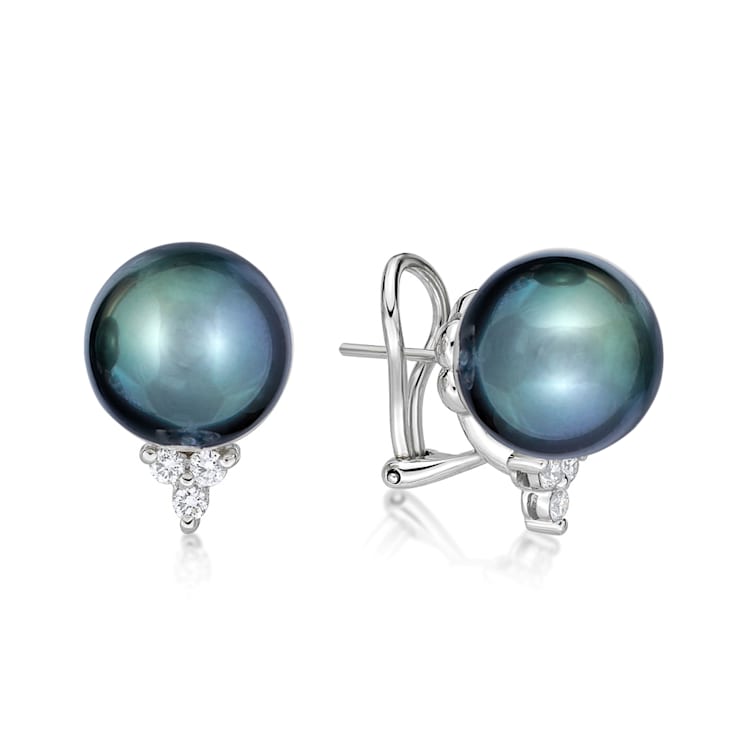 14KW Earrings 0.30 ctw Diamond 11 mm  Tahitian Black Cultured Pearl