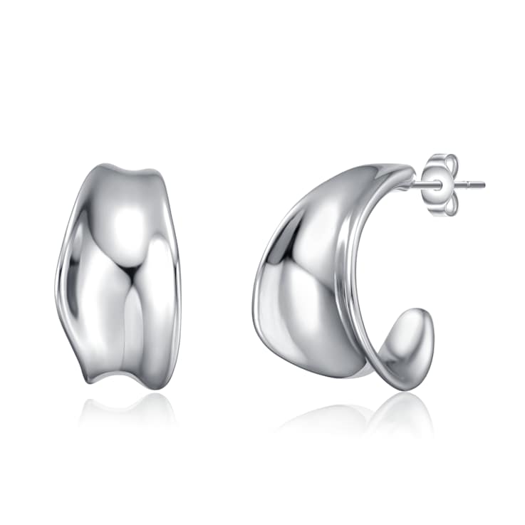 Wave Design Mini Huggie Earrings In Rhodium Over Brass