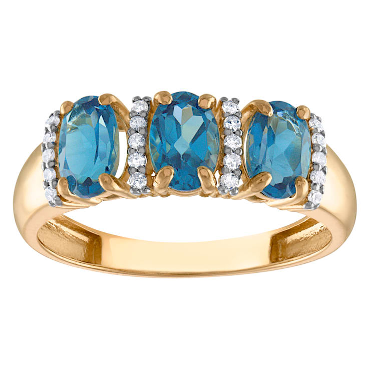 10K Yellow Gold Oval 3-Stone London Blue Topaz and Diamond Ring 1.0ctw