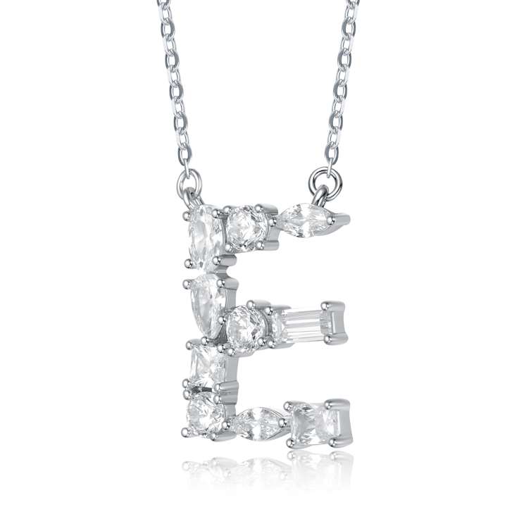 Initial E Mixed Cut CZ Pendant Necklace In Sterling Silver 18 Inch