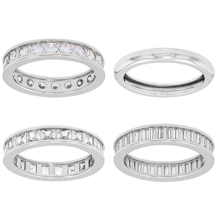 CZ Set Of 4 Stackable Band Rings In Rhodium Over Brass 10.82ctw