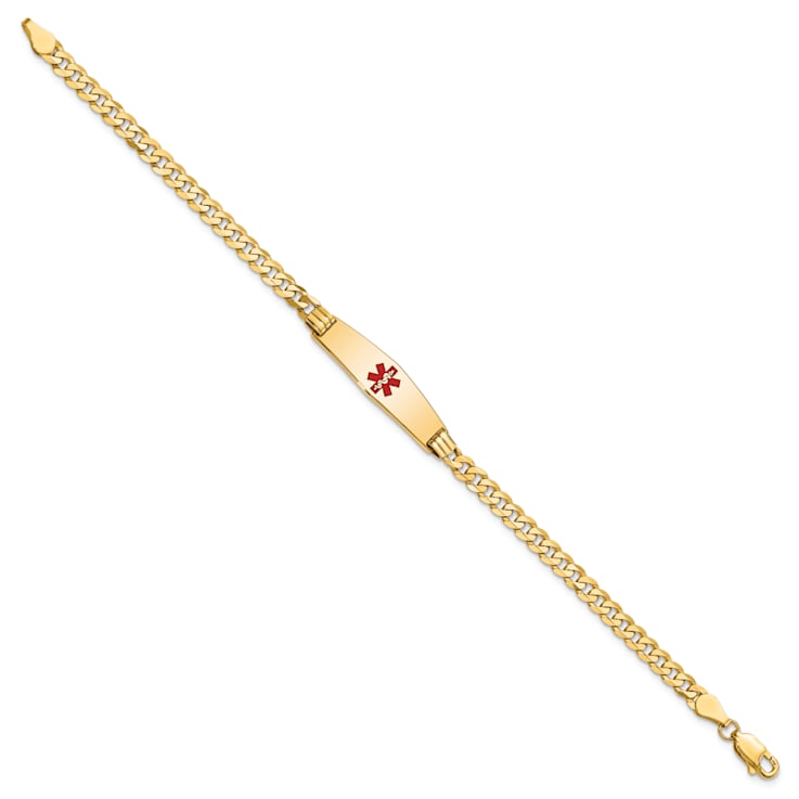 14k Yellow Gold Medical Soft Diamond Shape Red Enamel Curb Link ID Bracelet