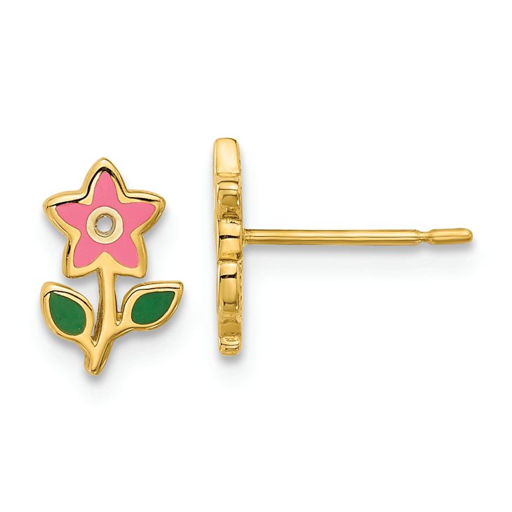 14k Yellow Gold Polished Children's Pink and Green Enameled Flower Stud Earrings