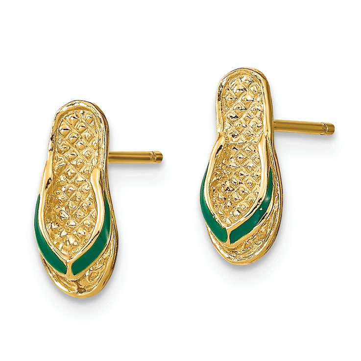 14K Yellow Gold 3D Textured and Green Enamel Flip-Flop Earrings