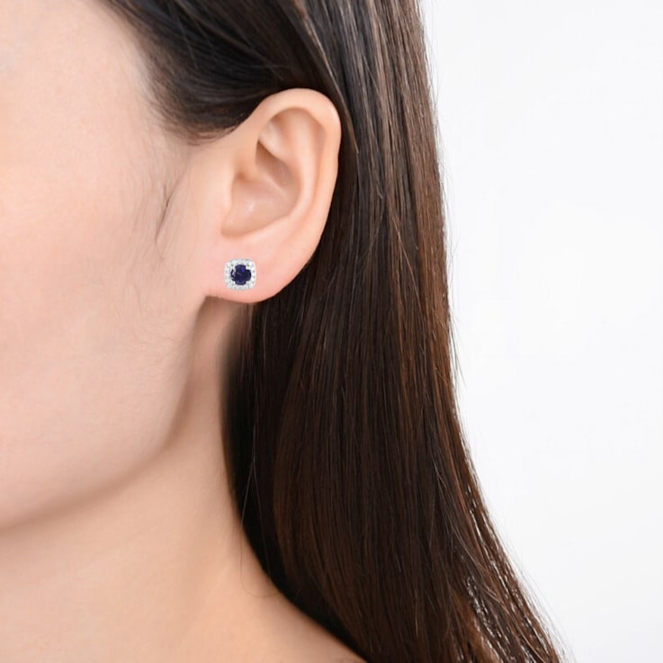 Blue Sapphire with Moissanite Sterling Silver Halo Stud Earrings