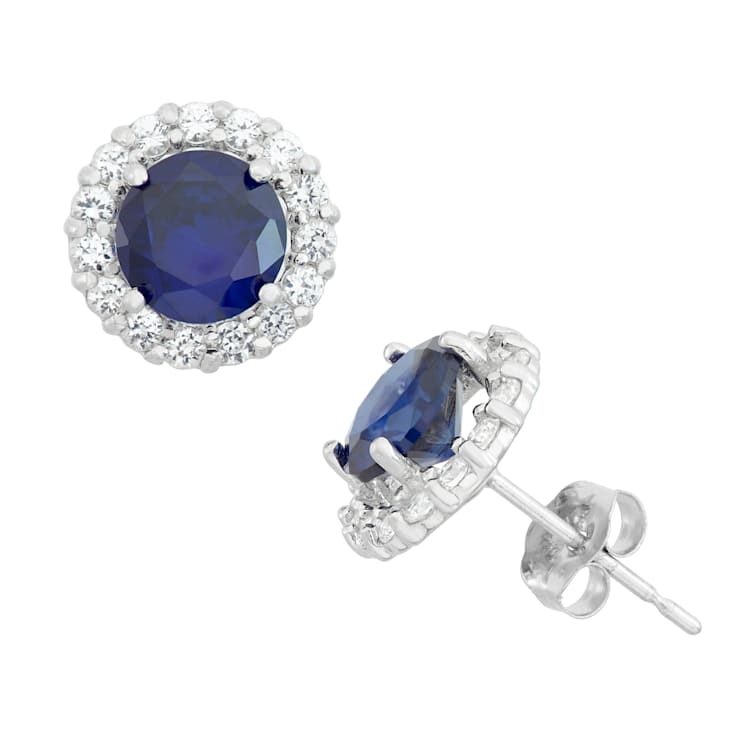 Lab Created Sapphire 10K White Gold Halo Earrings 2.55ctw