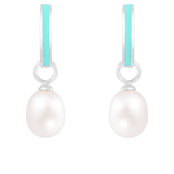 7.5-8mm White Cultured Freshwater Pearl and enamel green Rhodium Over
Sterling Silver Earrings