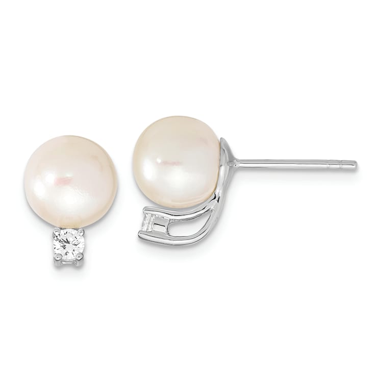 Rhodium Over Sterling Silver  8-9mm White Round FWC Pearl Cubic Zirconia
Post Earrings
