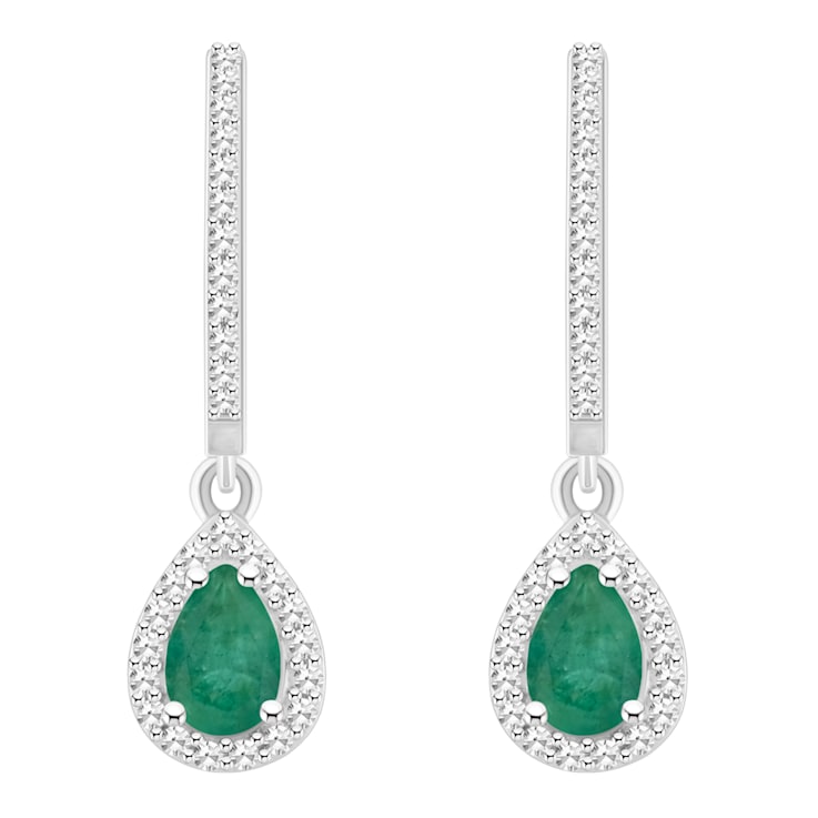 6x4mm Pear Shape Emerald 1/3 ctw Diamond Rhodium Over Sterling Silver
Halo Dangle Earrings