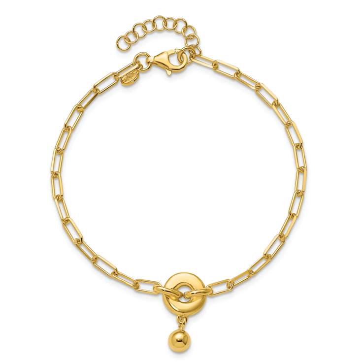 18K Yellow Gold Over Sterling Silver Circle Charm with Fancy Link Bracelet