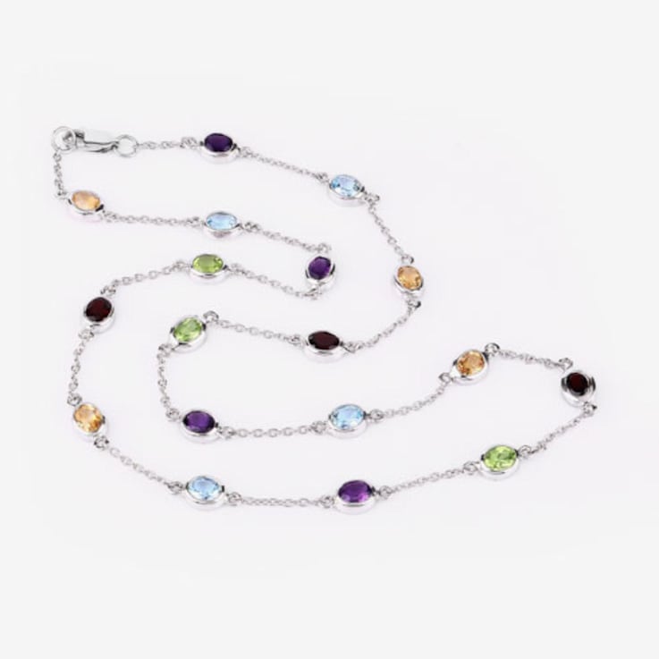 Multi Gemstone Rhodium Over Sterling Silver Station Necklace