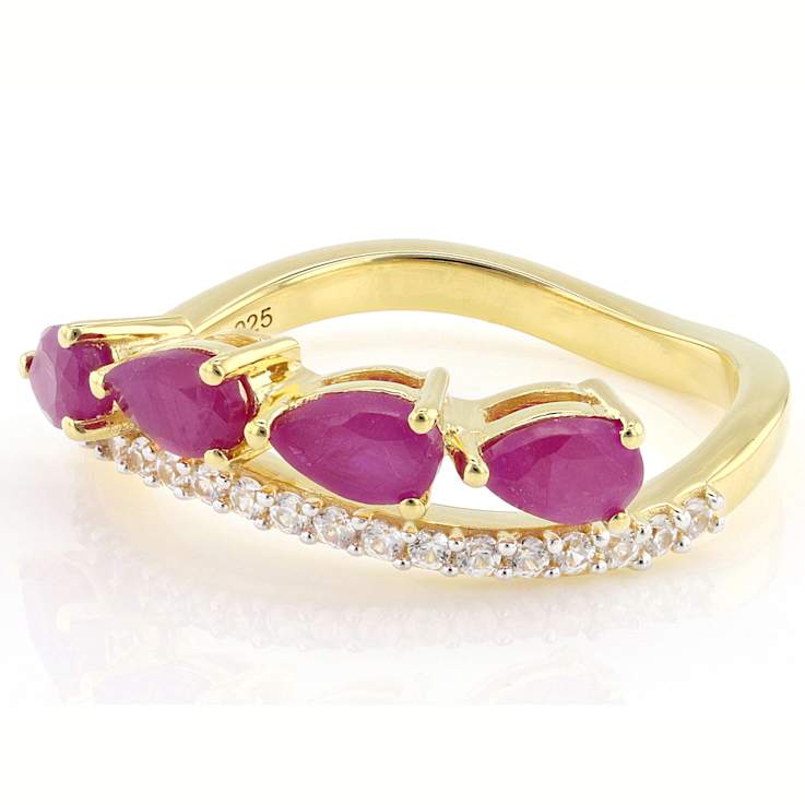 Ruby And White Zircon Ring In 18K Gold Over Sterling Silver 1.23ctw