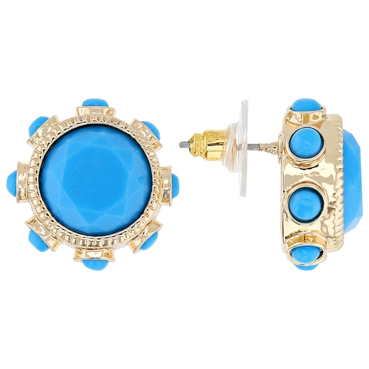 Turquoise Simulant Statement Stud Earrings In Gold Tone