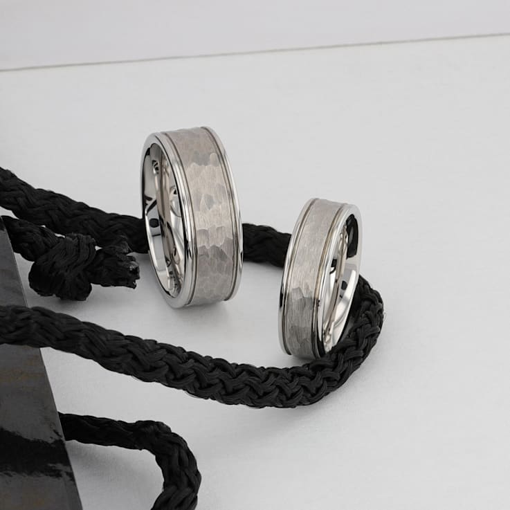 THORNTON Hammered Finish White Tungsten Carbide Wedding Band with Offset
Grooves/Polished Edges 6mm