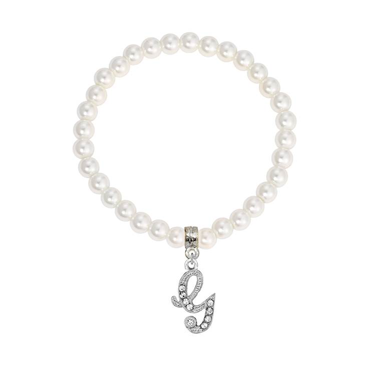 White Faux Pearl Bead Initial Charm Stretch Bracelet