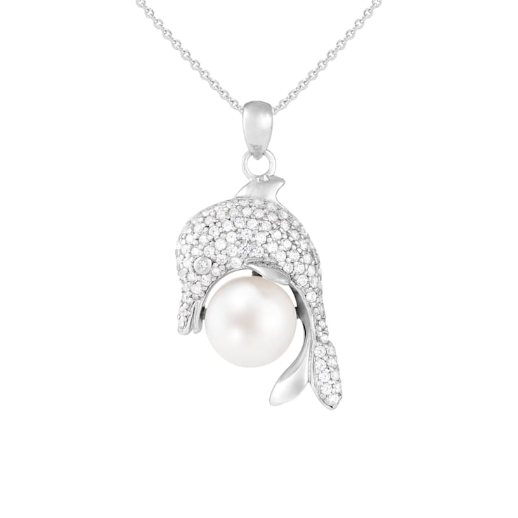 10-11mm Button White Cultured Freshwater Pearl and CZ Rhodium Over
Sterling Silver Pendant