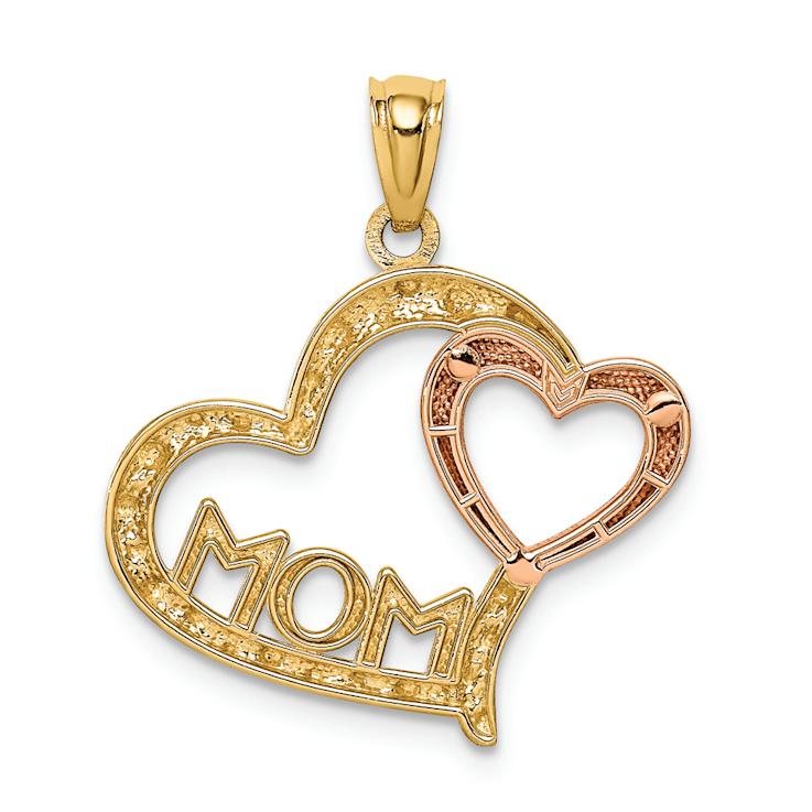 14K Tri-color Gold Diamond-Cut MOM in Heart with Heart Pendant