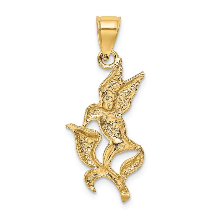 14k Yellow Gold Polished, Textured and Diamond-Cut Hummingbird with
Flower Pendant