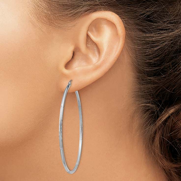 Rhodium Over 14k White Gold Satin and Diamond-Cut 2 3/8" Round Hoop Earrings