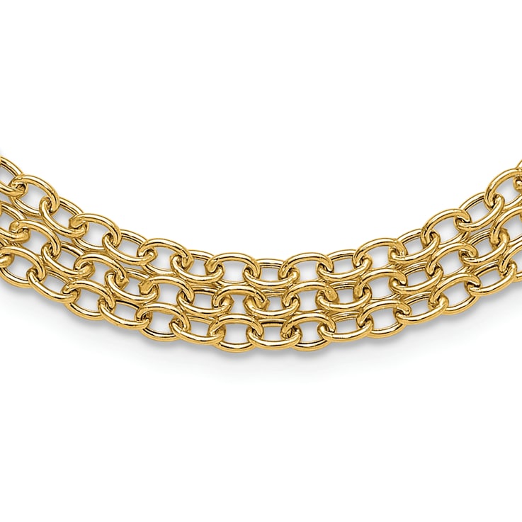 14K Yellow Gold Polished and Textured Fancy 3 Layer Cable Necklace