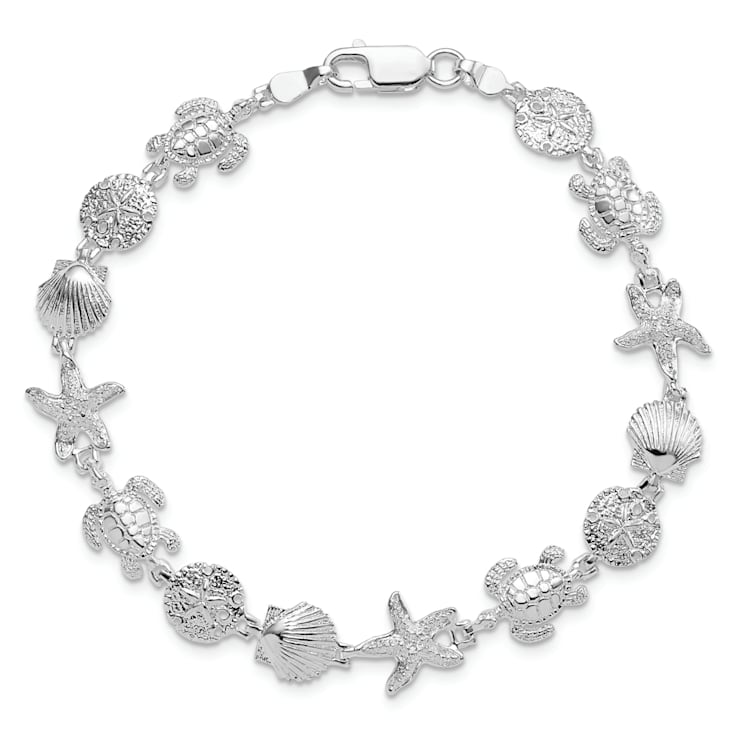 Rhodium Over Sterling Silver Polished and Textured Sea Life Bracelet