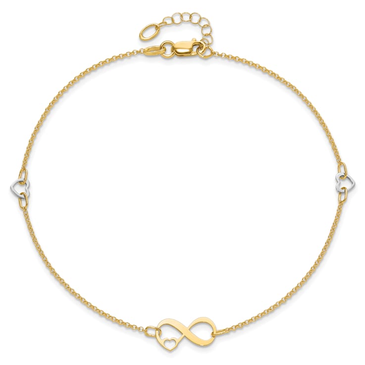 14K Two-tone Polished Infinity Open Heart 9-inch Plus 1-inch Extension Anklet