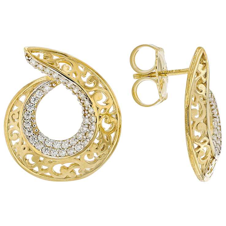 CZ Filigree Circle Drop Earrings In 18K Gold Over Sterling Silver 0.01ctw