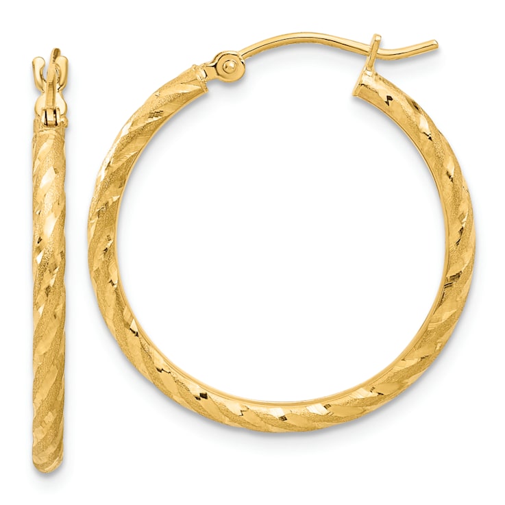 14k Yellow Gold Polished, Satin and Diamond-Cut 1 1/16" Hoop Earrings