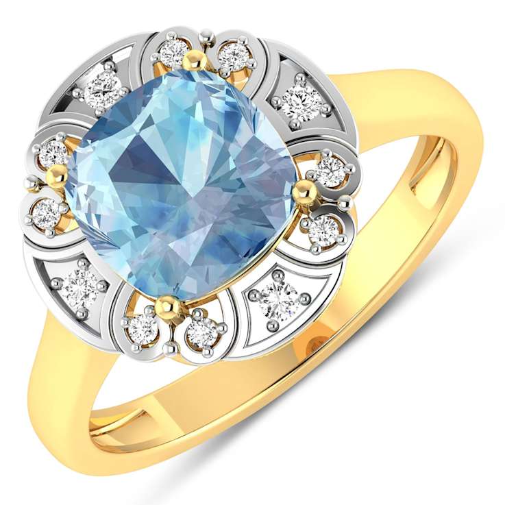 Blue Aquamarine and White Diamond 14K Yellow Gold Halo Ring 1.57 ctw