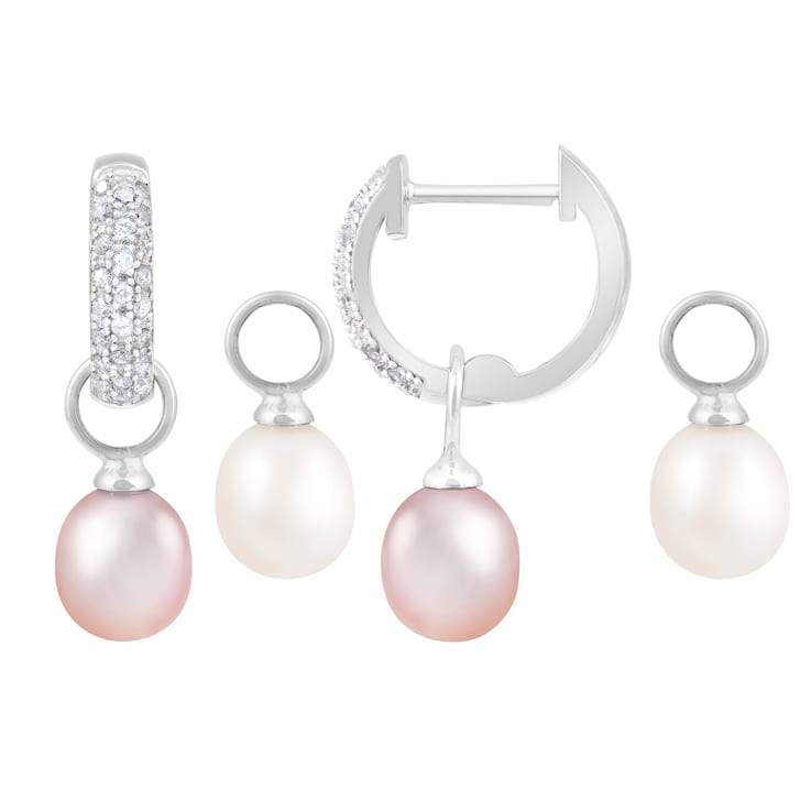 7-8mm White and Pink Cultured Freshwater Pearl Rhodium Over Sterling
Silver Earrings