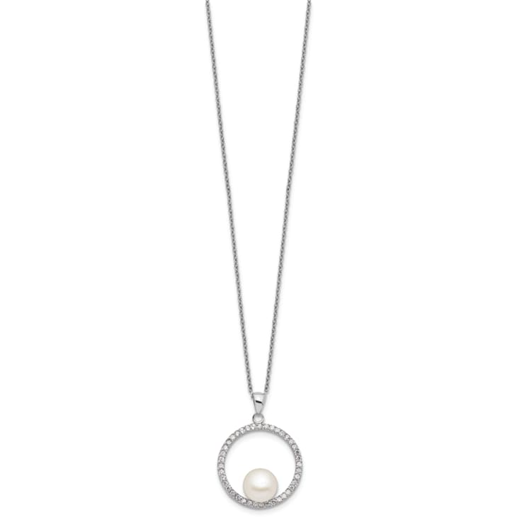 Rhodium Over Sterling Silver 8-9mm White Freshwater Cultured Pearl and
Cubic Zirconia Necklace