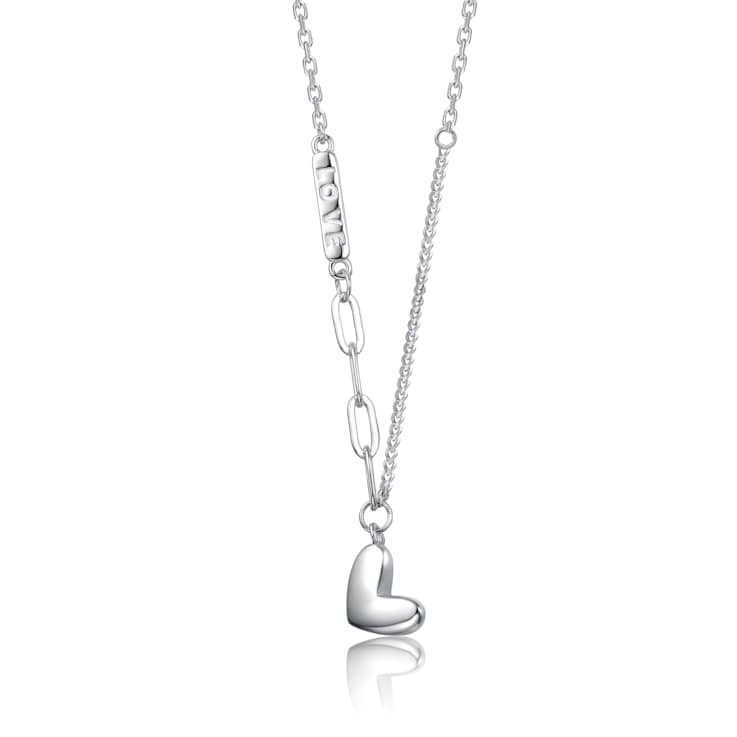 Mixed Chain Heart Pendant Necklace In Rhodium Over Brass