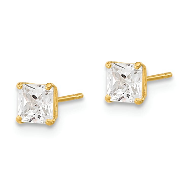 14K Yellow Gold 4mm Square Cubic Zirconia Basket Set Stud Earrings