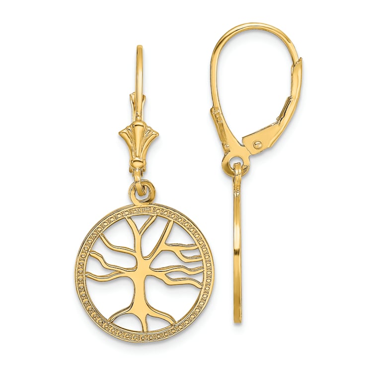 14k Yellow Gold Textured Tree of Life In Round Frame Dangle Earrings