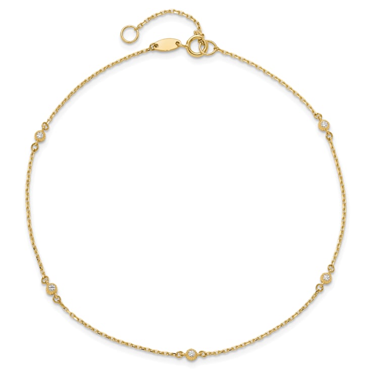 14K Yellow Gold Polished CZ Station 9-inch Plus 1-inch Extension Anklet