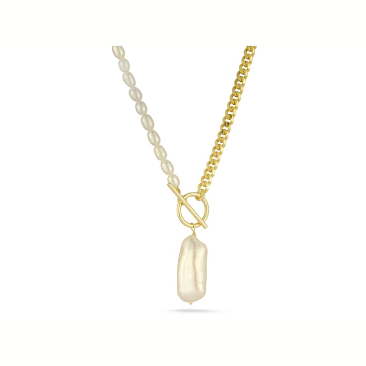 Cultured Freshwater Pearl Curb Chain Necklace in 14k Gold Over Silver