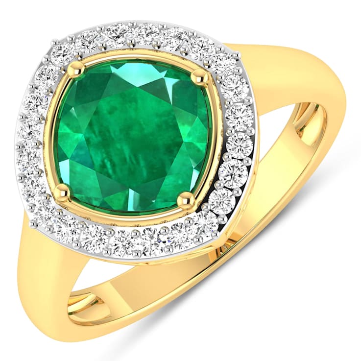 Cushion Cut Green Emerald and White Diamond 14K Yellow Gold Halo Ring
2.31 ctw