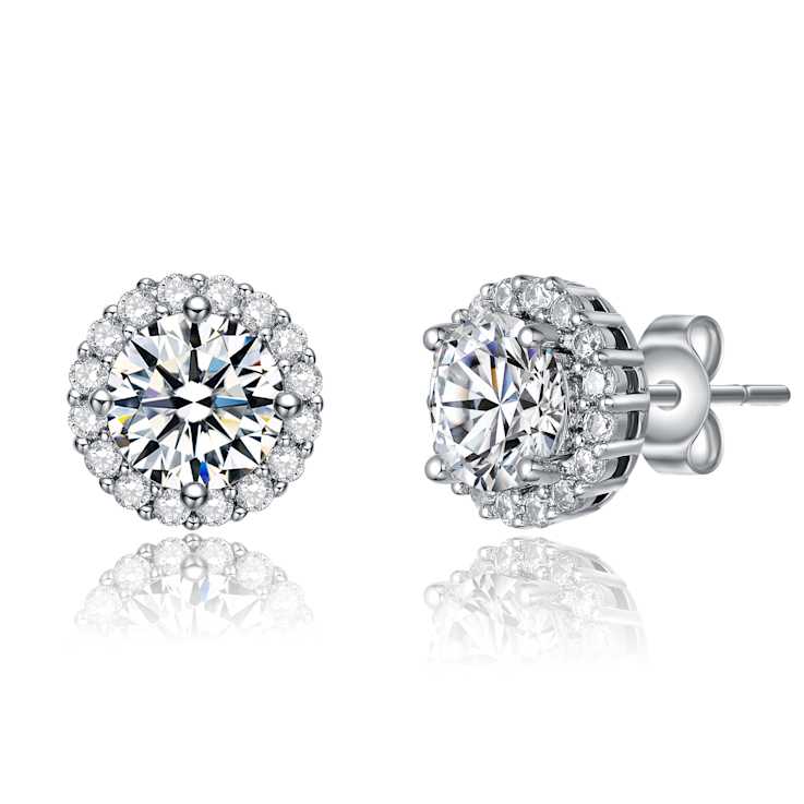 CZ Halo Stud Earrings In White Rhodium Over Brass