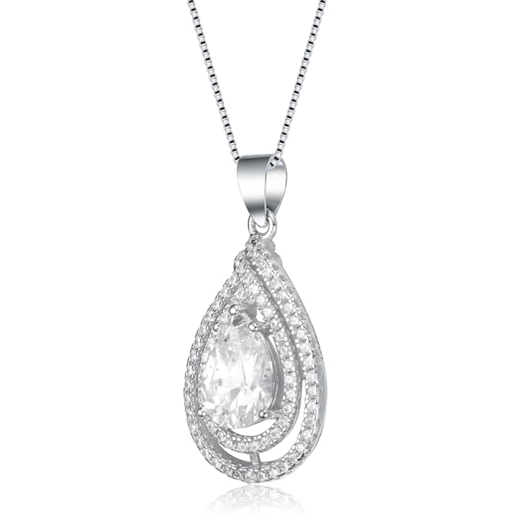 Pear Shape CZ Outline Pendant Necklace In Sterling Silver